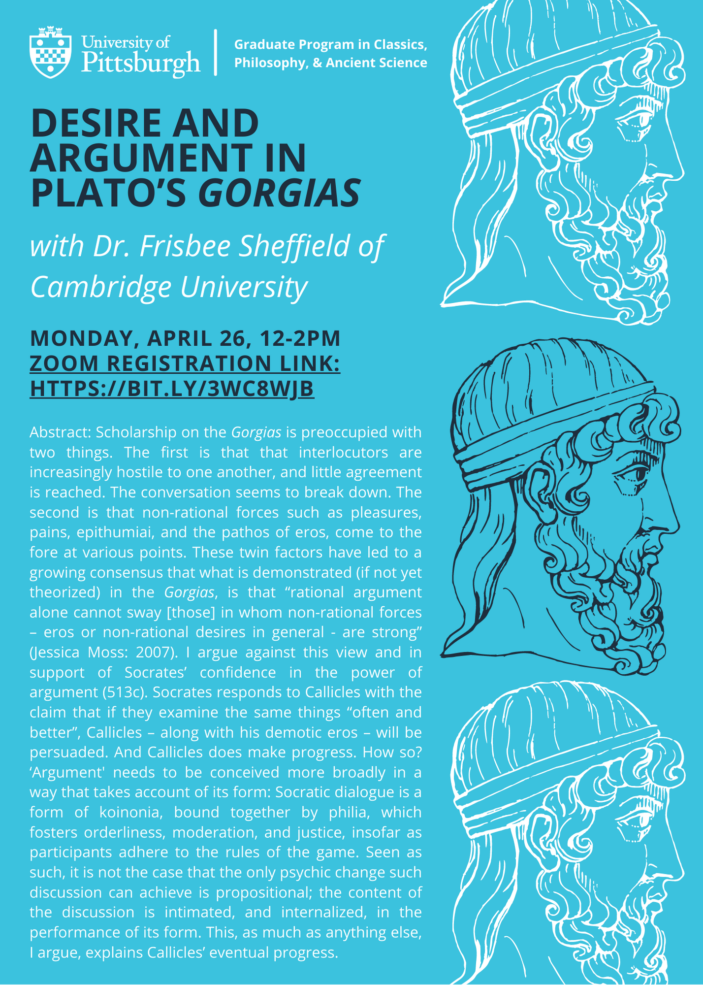 Desire and Argument in Plato's Gorgias event flyer, linked to this image; white and navy text on a blue background with drawn faces of Plato